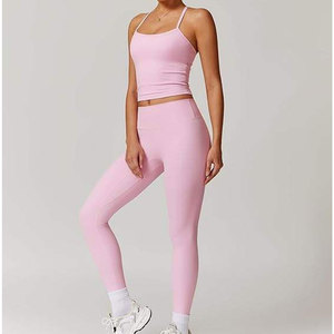 Pink Two Piece Yoga Set High Waisted Leggings Crisscross Strap <b>Crop</b> <b>Top</b> Seamless Full Length Spandex Polyester - Product Image 3
