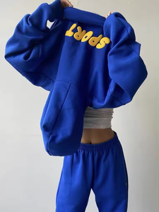 Sweat-shirt à capuche surdimensionné bleu pour femme avec manches bouffantes et imprimé lettres au dos, tricoté, manches longues, pour l'automne - Product Image 1