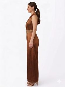 Mono sin mangas de satén marrón para mujer con cuello de solapa, cintura alta, cinturón, elegante, largo, para fiesta, primavera, verano - Product Image 2