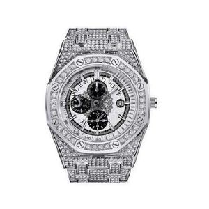 Montre de luxe en quartz sertie de diamants, boîtier octogonal 43 mm, chronographe analogique, bracelet en acier inoxydable, fermoir déployant - Product Image 2