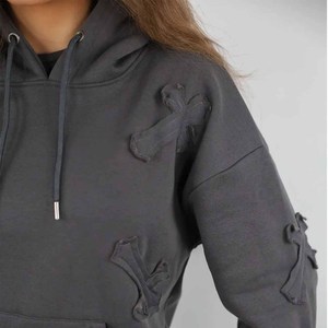 <b>Women's</b> Gray Embossed X Pattern 2 Piece Hooded Tracksuit Set Loose Fit Casual Full Sleeve <b>Knitted</b> Sweatshirt <b>Jogger</b> Pants - Product Image 2