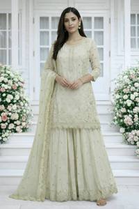 Cosido Sharara Gharara bordado indio trabajo tradicional étnico conjunto de 3 piezas Georgette seda invierno verano boda Diwali - Product Image 3