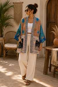 Chaqueta de Seda con Parches Florales, Estilo Bohemio, Kimono, Cuello en V, Cierre con Cordón, Mangas Largas, Suave y Transpirable, para Festivales - Product Image 2