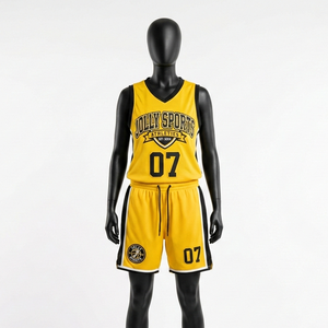 Ensemble short de basket en maille polyester premium respirant jaune avec bordure noire sur les côtés et logo en twill pour femmes - Product Image 1