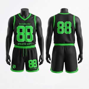 Ensemble de shorts de basket-ball en maille polyester de qualité supérieure 160 GSM, noir et vert, logo personnalisé à transfert thermique sur le devant, uniforme d'équipe pour adultes - Product Image 1