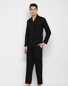 Pijamas de Manga Larga de Algodón Negro para Hombre con Ribete Rojo, Ropa de Dormir Informal para Otoño, Lavable a Máquina, Conjunto de 2 Piezas - Product Image 3