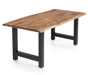 Mesa de Comedor de Madera de Acacia Sólida, Estilo Moderno de Mediados de Siglo, con Borde Natural Curvo y Patas Metálicas Plegables - Product Image 1