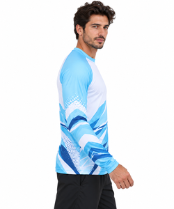 Men's Long Sleeve <b>Geometric</b> Print Sporty T-<b>Shirt</b> Quick Dry Slim Fit O-Neck Blue White Patterned Knitted Polyester - Product Image 1