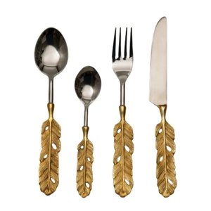 Juego de Cubiertos de Acero Inoxidable con Diseño de Plumas y Mango de Latón, Juego de Cubiertos Plateados para Decoración de Mesa en Hogar, Bodas y Fiestas - Product Image 1