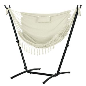 Sedia Amaca da Esterno Bianco Crema con Supporto in Vimini e Metallo, Dondolo Sospeso in Tela per Hotel e Parchi con Tasca Laterale e Poggiatesta - Product Image 1