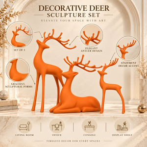 Trio de figurines de cerfs artistiques orange avec cornes |   Ensemble de 3 sculptures élégantes pour table, salon, bureau, étagère, décoration intérieure - Product Image 5