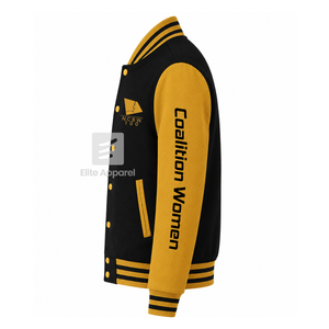 Veste universitaire personnalisée NCBW Coalition noire et or, manches longues, fermeture éclair sur le devant, col à bande, logo brodé, coton - Product Image 4