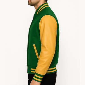 Veste universitaire pour homme en vert et jaune avec manches en cuir PU, couleur unie, fermeture à boutons, style décontracté, coupe classique, pour l'automne - Product Image 4