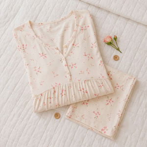 Conjunto de pijama de maternidad con estampado floral para mujer, ropa de dormir de algodón de manga corta y largo completo, transpirable, cuello redondo, ajuste regular - Product Image 6