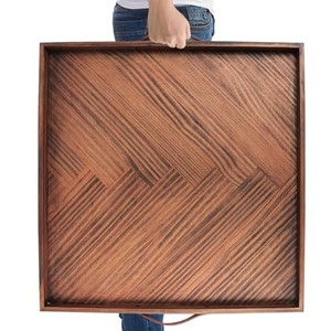 Bandeja de Servir Rústica Hecha a Mano con Diseño de Espiga de Madera y Asas de Cuero - Venta al por Mayor - Product Image 2