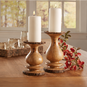 Rustic Wooden Candle Holder With Natural Bark Edge Hand-Carved Turned Wood Pillar Candle Stand For Farmhouse Table Centerpiece - Product Image 6