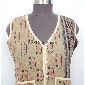 Vintage <b>Kantha</b> Quilted Printed Waistcoat Logo 100% Pure Cotton Breathable Autumn Vest Women Boho Style Regular - Product Image 2