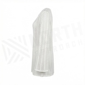 Túnica Blanca de Punto para Mujer, Manga Larga, Cuello Redondo, Diseño Geométrico, Transpirable, Corte Regular - Product Image 3