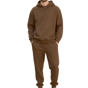 Ensemble de survêtement décontracté pour homme, hiver, marron uni, à capuche, en polaire respirant, taille élastique, pour sports de plein air, manches longues, sweat-shirt et pantalon - Product Image 1
