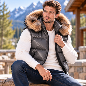 Chaleco de cuero personalizado para hombre con capucha de piel de zorro |   Chaleco de cuero a medida para hombre con capucha de piel de zorro |   Chaleco de Cuero para Hombre - Product Image 3
