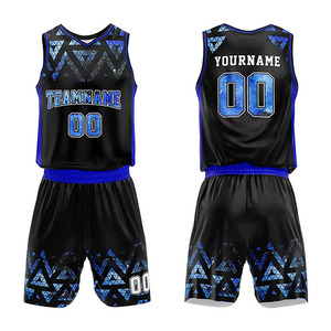 Ensemble de maillots de basket-ball sublimés personnalisés, motif géométrique noir et bleu, évacuation de l'humidité, coupe athlétique unisexe pour adultes - Product Image 1