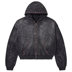 Sudadera con capucha y cremallera para mujer, estilo vintage, con pedrería y detalles de tachuelas, lavada y personalizable – Chaqueta streetwear corta - Product Image 5