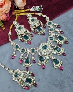 Handcrafted Radiant Cut Stone Designer <b>Necklace</b> With Earrings And Mangtika For Women Traditional Ethic Wear Jewellery Collection - Product Image 4