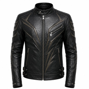 Blouson de motard en cuir véritable noir pour homme avec logo personnalisé, motif tribal, applique à pointes bronze, style gothique rock, effet vieilli - Product Image 1