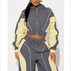 ODM Women Casual Zip Up Nylon Windbreaker Tracksuit Set Streetwear Fashion Cropped Zipper Windbreaker <b>Jacket</b> & Jogger Trouser - Product Image 3