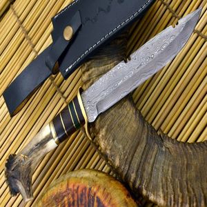 Couteau à lame fixe en acier Damas fait main, manche en bois de cerf, pointe tombante, pour la chasse, le dépecage, le camping et la survie - Product Image 4
