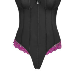 Women's Black Velvet Bodysuit With Purple Lace Trim Ruffle Sleeve Sexy Shapewear Body Shaper One Piece Lingerie - Product Image 4