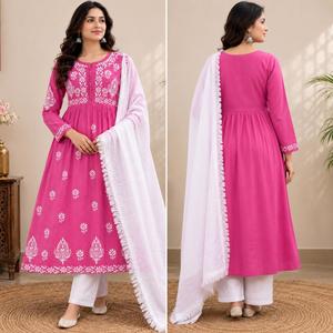 Ensemble Kurti Anarkali rose magenta brodé à la main Chikankari pour femme, avec palazzo et dupatta chunni, très demandé - Product Image 4