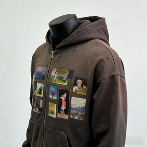 Sudadera con capucha y cremallera de corte holgado, estilo urbano, vintage, de manga larga, ecológica, con estampado de letras personalizado OEM, 100% algodón/poliéster, para invierno - Product Image 3