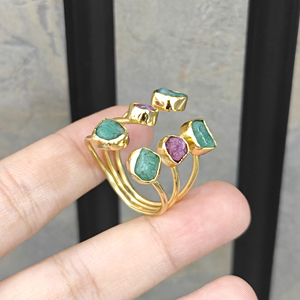 Natural Raw Emerald and Raw Ruby Adjustable <b>Ring</b> Solid Brass 18k Gold Plated Three Layered Band <b>Open</b> <b>Ring</b> Unisex Wear Jewelry - Product Image 5