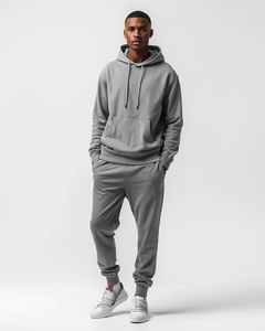 Men's <b>Black</b> Hooded Tracksuit Full Length Solid Color Cotton Sweatshirt and <b>Pants</b> Set Casual Autumn Wear with Side Pockets - Product Image 2