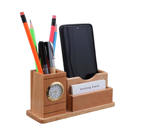 Organisateur de bureau en bois avec horloge et porte-stylos, vente en gros, logo personnalisable, support à stylos en bois, pour bureau et maison - Product Image 5