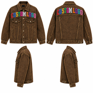 Men's Brown Denim <b>Jacket</b> Custom Embroidered Logo Front Turn-down Collar Casual Autumn Style Regular Fit Button Closure - Product Image 3
