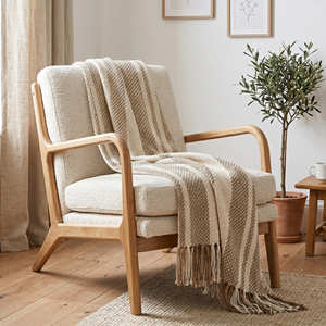 Manta de Cama Tejida a Rayas Beige Rústico, Manta de Algodón Reciclado Texturizado, Decoración de Habitación con Tonos Tierra, Exportador Directo - Product Image 1
