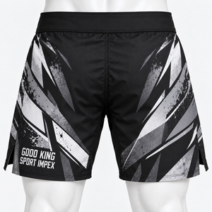 Shorts de sport imprimés noir et gris pour hommes, style grunge éclaboussures, taille élastique à crochet, jambes fendues, personnalisables pour marque, vente en gros - Product Image 2