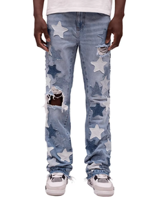 Jean en denim pour homme 2026 de haute qualité, coupe évasée, délavé bleu, avec patchs, effet usé, style streetwear hip-hop Y2K, OEM ODM, en coton - Product Image 1