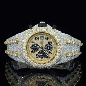 Montre d'affaires VVS Moissanite entièrement sertie, 46 mm, carrée, en acier inoxydable, bracelet en cuir, affichage numérique, mixte, luxueuse - Product Image 1