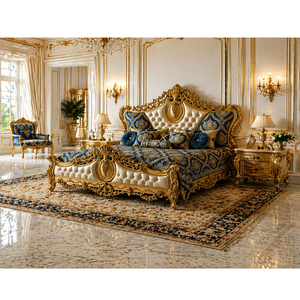 Ensemble de lit de luxe de style persan avec feuilles dorées sculptées, vente en gros, mobilier de chambre à coucher en bois de luxe, ensemble de chambre à coucher haut de gamme, Canada - Product Image 1