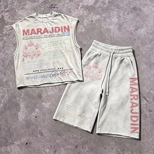 Streetwear Custom Dtg Printing Raw Hem Cut Edge Graphic Acid Wash Sleeveless T Shirt and Sweat Shorts Set tank Top <b>Men</b> - Product Image 1