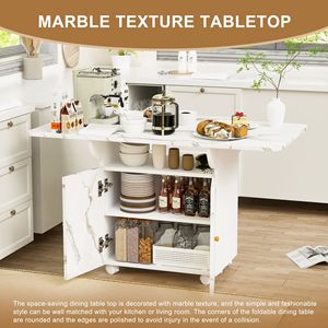 47\" <b>White</b> Marble Color Kitchen Dining Table <b>Storage</b> Rack <b>Cabinet</b> Removable 6-Wheel Entryway Table Wood Kitchen Islands Carts - Product Image 2