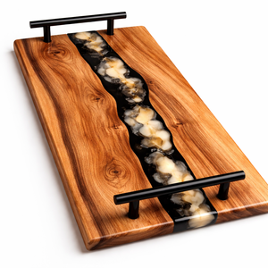 Bandeja de Madera con Incrustaciones de Resina Dorada y Asas Metálicas, Bandeja de Servir de Madera de Acacia Premium, Nueva Llegada - Product Image 6