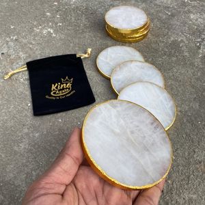 Ensemble de sous-verres en agate blanche, cristal de quartz, bord doré, sous-verres en pierre naturelle, sous-verres de luxe aspect marbre, décoration de table, cadeau de déménagement - Product Image 2