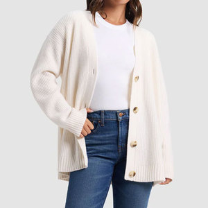 Cardigan en tricot blanc pour femme, col rond, manches longues, fermeture boutonnée, haut décontracté - Product Image 1