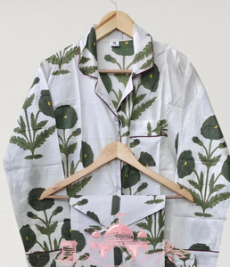 Pijama de Algodón Puro de Primera Calidad, Transpirable, de Secado Rápido, Estampado Floral a Mano, para Mujer, Manga Larga, con Botones, para Verano, Primavera y Otoño - Product Image 1