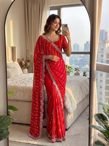 Indian Traditional Ethnic Partywear Satin Silk Saree Sequins Embroidery Work Recycled Materials for Wedding Occasion Festive - Product Image 3