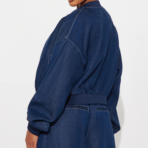 <b>Women</b> Denim Tracksuit Set Full Length Wide Leg Pants Cropped <b>Jacket</b> Zipper Closure Solid Blue Casual Wear Spring Style - Product Image 4